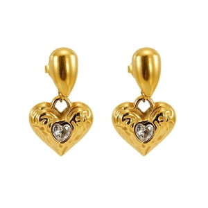 Hammered 18k gold plated heart drop earrings with sparkling center zirconia