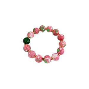 Floral ceramic beaded bracelet with green accent and gold-plated spacers for women