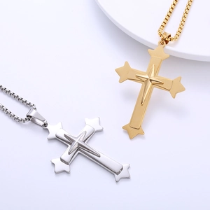 Three-layer 18k gold plated stainless steel gothic cross necklace in gold and silver