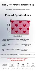 Detailed chart showing pink heart checkerboard makeup bag size and washing instructions