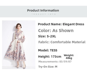 Größentabelle und Details für Paisley-Maxikleid mit V-Ausschnitt und langen Ärmeln