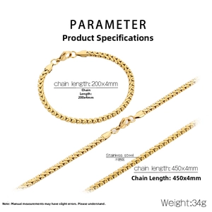 Detailed view of golden stainless steel wheat chain necklace and bracelet jewelry set