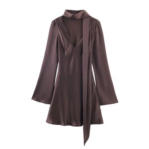 Elegant chocolate brown silk satin long sleeve dress with deep V-neck and scarf tie detail
