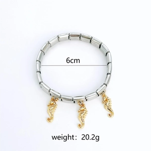 Detail of stainless steel modular charm bracelet with golden seahorse pendants and 6cm diameter