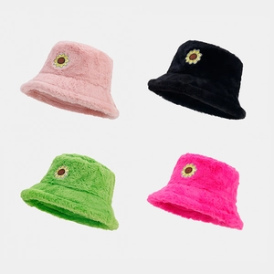 Sunflower Patch Plush Bucket Hat Faux Fur Thickened Warm Winter Outdoor Sunshade Fashion Basin Hat For Women