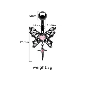 Piercing de nombril papillon noir et croix avec zircon rose en forme de cœur et mesures