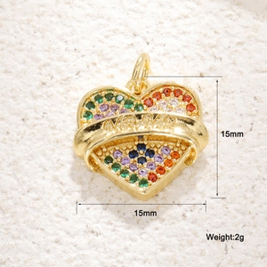 Detail view of colorful zircon MAMA heart pendant with 15mm size and 2g weight specs