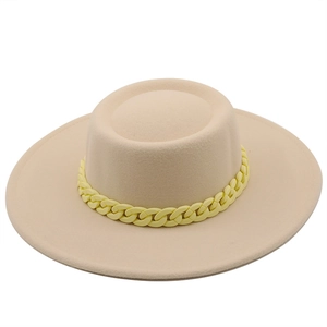 Wide Brim Wool Felt Fedora Hat Flat Top With Chunky Plastic Chain Band Vintage Jazz Cap For Men And Women