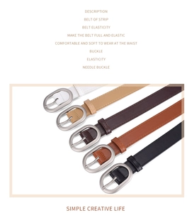 Detailed display of five elastic PU leather belts with metal needle buckles in various colors