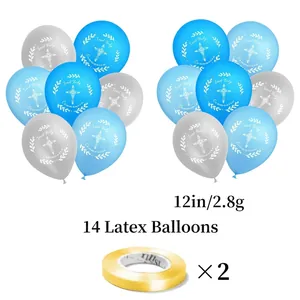 Blue and silver First Holy Communion balloon set with ribbons for religious party decoration