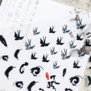 Japanese style thin matte nail art stickers with black ink swallows and brush calligraphy