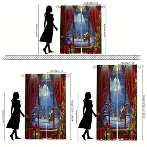 Detailed comparison of three Christmas curtain sizes with Santa and reindeer motifs