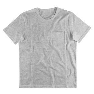 Detail view of grey short sleeve Henley t-shirt featuring a chest pocket and soft cotton fabric