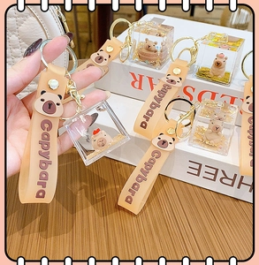 Detail of Capybara liquid quicksand keychain with soft wristband and acrylic pendant