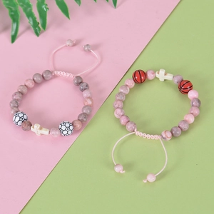 Pink zebra stone basketball and soccer beaded bracelets with cross charms and gift card