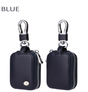 Detail view of navy blue leather case with silver swivel hook and metal zipper closure