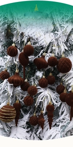 Detailansicht roter beflockter Weihnachtskugeln mit Goldstreifen an schneebedeckter Tanne