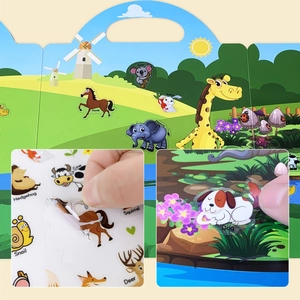 Detail of reusable dinosaur and farm animal stickers for kids with foldable scenes