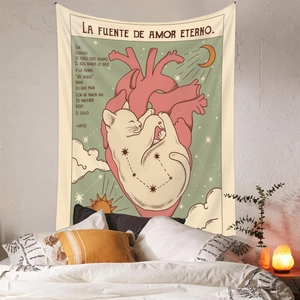 Detail of bohemian cat tapestry with sun and moon illustration for wall decor