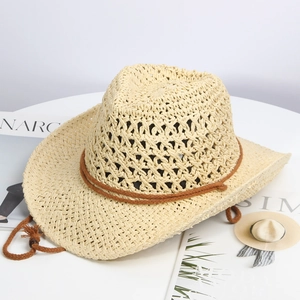 Foldable hollow straw cowboy hat with wide brim and adjustable wind rope for summer beach