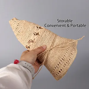 Chapeau de soleil pliable en raphia crocheté à la main avec motifs ajourés pour plage