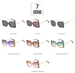 Detail view of 7 color variations for square oversized sunglasses with gold hollow temples
