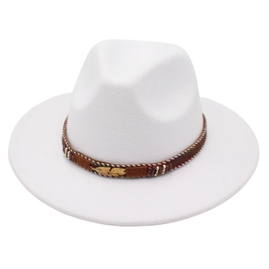 White wide brim felt fedora with ethnic beaded band and gold metal feather charm