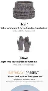 Detail view of gray knitted gloves with touchscreen function and matching neck warmer set