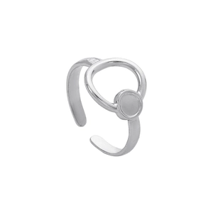 Close-up of geometric hollow circle design on adjustable silver stainless steel ring