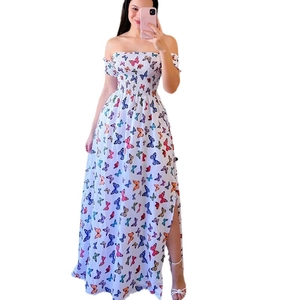 Floral strapless white maxi dress with butterfly print and high side slit for summer beach