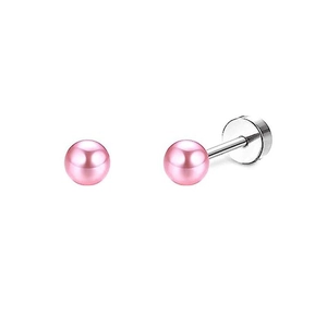 Detail view of pink spherical stud earrings with silver stainless steel flat base