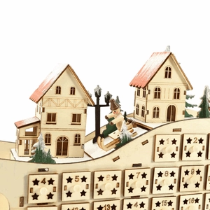 Wooden 24-day Christmas advent calendar in sleigh shape with LED lights and tiny drawers