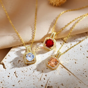 Golden square necklaces with sparkling zircon pendants in white, red and champagne