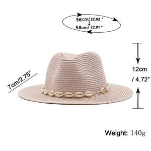 Pink straw fedora sun hat with shell band and dimensions 56-58cm for beach wear