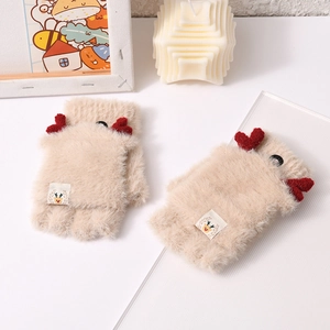 Detail of beige fleece fingerless gloves with cute red antlers and deer embroidery