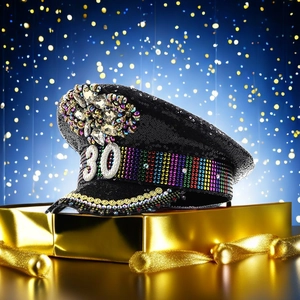 Detail of black sequined captain hat with colorful rhinestones and pearl 30 embroidery