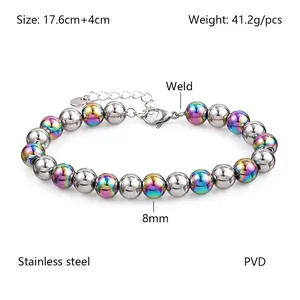 Détail du bracelet en perles acier inoxydable 8mm montrant dimensions et placage PVD