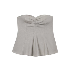 Sexy taupe linen blend strapless tube top with front ruching and peplum hem design
