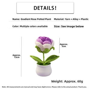 Detaillierte Größenangaben für handgehäkelte lila Rosen-Topfpflanze als Ornament