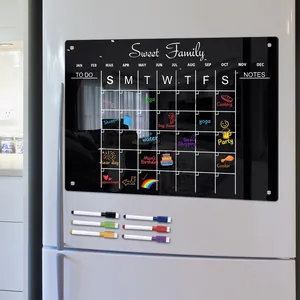 Detail of magnetic acrylic weekly planner on fridge with six colorful markers