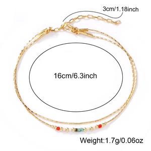 Fashionable handmade colorful bead and gold chain layered bracelet for women with 3cm extender