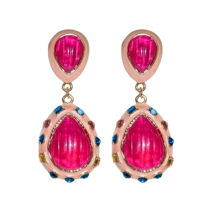Vintage teardrop crystal earrings with pink enamel and colorful rhinestones in gold setting