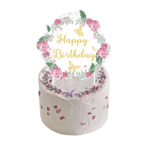Floral Happy Birthday cake topper with pink roses, gold glitter text and butterflies