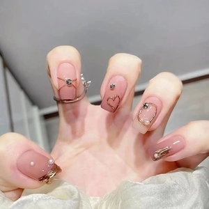 French Style Press On Nails With Gold Foil Rhinestone Faux Artificial Pearl Heart Decor Elegant Blush Gradient Ballerina Fake Nails For Women