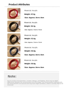 Detailed specs for acrylic geometric bangles in marble and solid finishes