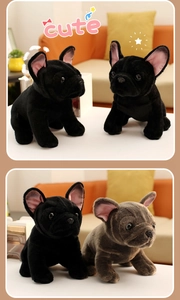 Close-up of realistic grey and black French Bulldog plush toys in a cozy living room setting
