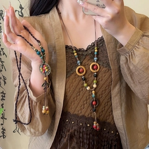 Women Long Ethnic Bohemian Necklace Ceramic Wood Beads Handmade Braided Rope Bronze Alloy Leaf Pendant Retro Folk Style