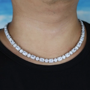 Hip hop silver necklace for men and women with round and rectangular cubic zirconia stones