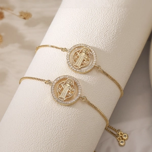 Saint Benedict Religious Medal Bracelet Copper 18K Gold Plated Cubic Zirconia Adjustable Box Chain For Women