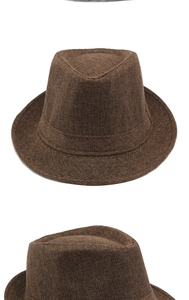 Detail of dark brown woven fedora hat showing texture and matching decorative band
